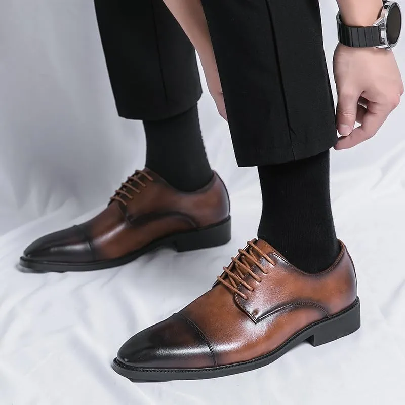 Formal Shoes for Men Lace Up Pointed Burnished Toe Derby Shoes Cap Toe PU Leather Non Slip Resistant Anti-Slip Block Heel Low Top Wedding
