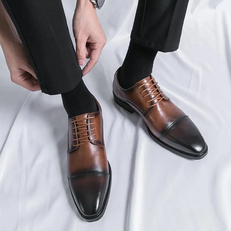 Formal Shoes for Men Lace Up Pointed Burnished Toe Derby Shoes Cap Toe PU Leather Non Slip Resistant Anti-Slip Block Heel Low Top Wedding