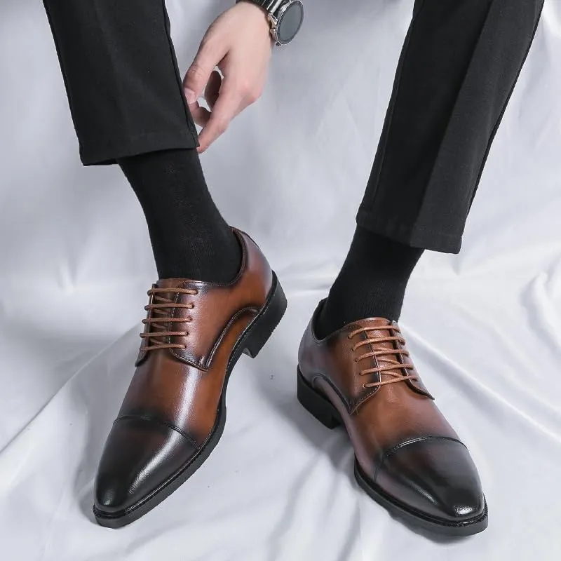 Formal Shoes for Men Lace Up Pointed Burnished Toe Derby Shoes Cap Toe PU Leather Non Slip Resistant Anti-Slip Block Heel Low Top Wedding