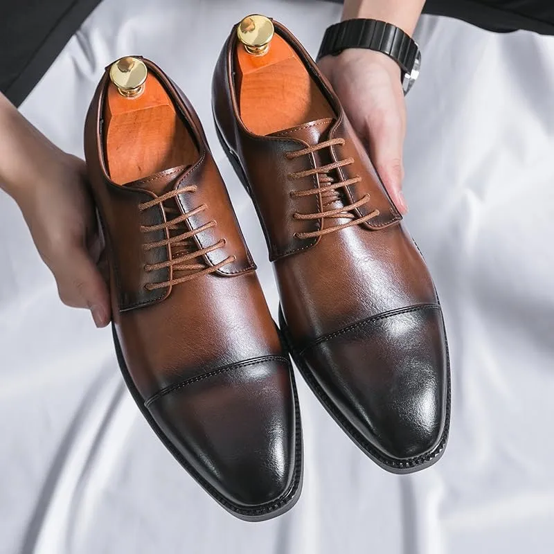 Formal Shoes for Men Lace Up Pointed Burnished Toe Derby Shoes Cap Toe PU Leather Non Slip Resistant Anti-Slip Block Heel Low Top Wedding