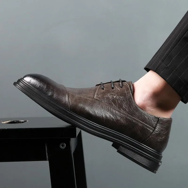 Formal Shoes for Men Lace Up Round Burnished Toe Derby Shoes Cap Toe Faux Leather Block Heel Non Slip Rubber Sole Low Top Anti-Slip Party