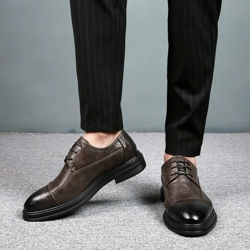 Formal Shoes for Men Lace Up Round Burnished Toe Derby Shoes Cap Toe Faux Leather Block Heel Non Slip Rubber Sole Low Top Anti-Slip Party