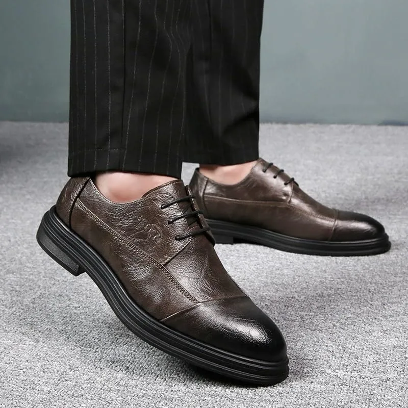 Formal Shoes for Men Lace Up Round Burnished Toe Derby Shoes Cap Toe Faux Leather Block Heel Non Slip Rubber Sole Low Top Anti-Slip Party