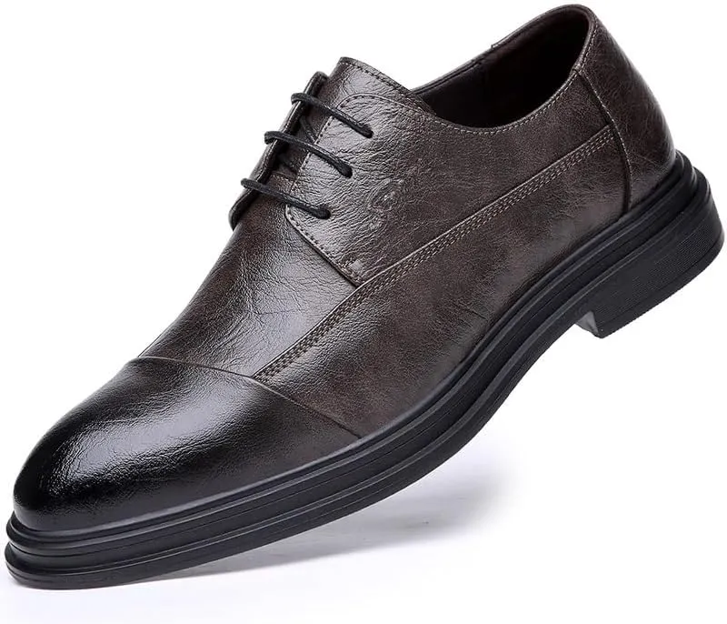 Formal Shoes for Men Lace Up Round Burnished Toe Derby Shoes Cap Toe Faux Leather Block Heel Non Slip Rubber Sole Low Top Anti-Slip Party