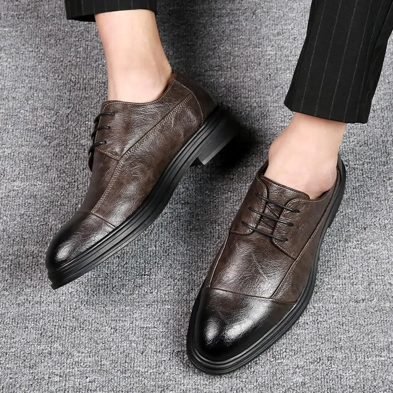 Formal Shoes for Men Lace Up Round Burnished Toe Derby Shoes Cap Toe Faux Leather Block Heel Non Slip Rubber Sole Low Top Anti-Slip Party