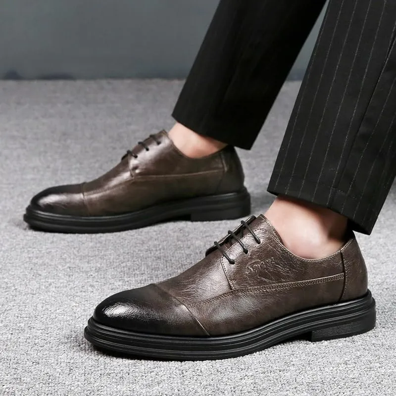 Formal Shoes for Men Lace Up Round Burnished Toe Derby Shoes Cap Toe Faux Leather Block Heel Non Slip Rubber Sole Low Top Anti-Slip Party