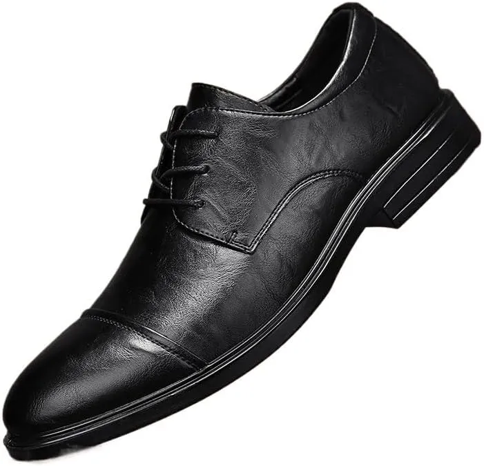 Formal Shoes for Men Lace Up Round Toe Faux Leather Cap Toe Derby Shoes Block Heel Rubber Sole Low Top Anti-Slip Party