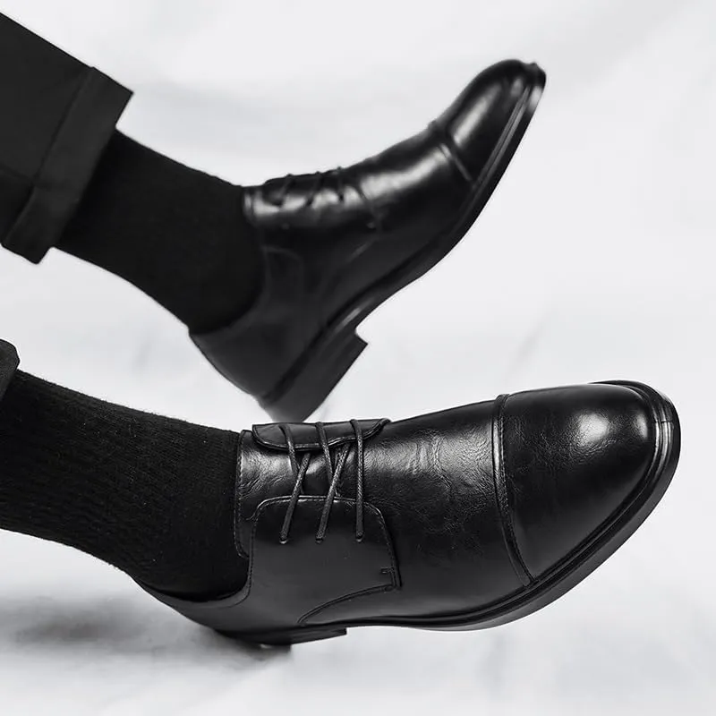 Formal Shoes for Men Lace Up Round Toe Faux Leather Cap Toe Derby Shoes Block Heel Rubber Sole Low Top Anti-Slip Party