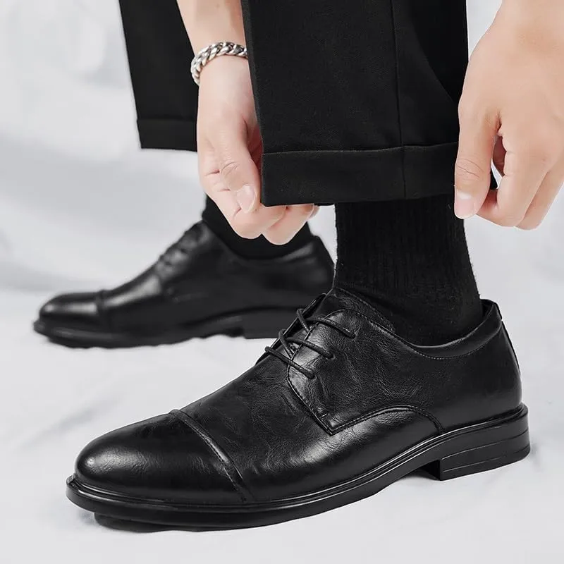 Formal Shoes for Men Lace Up Round Toe Faux Leather Cap Toe Derby Shoes Block Heel Rubber Sole Low Top Anti-Slip Party