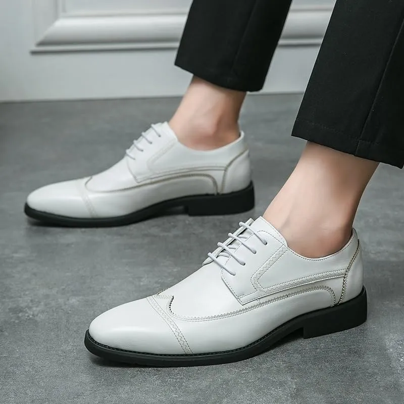 Formal Shoes for Men Lace Up Round Toe Faux Leather Cap Toe Wing tip Derby Shoes Anti-Slip Slip Resistant Block Heel Non Slip Prom(White,7)