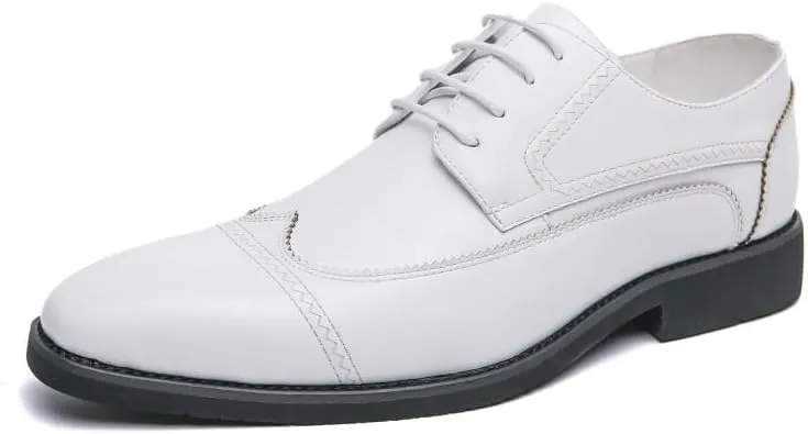 Formal Shoes for Men Lace Up Round Toe Faux Leather Cap Toe Wing tip Derby Shoes Anti-Slip Slip Resistant Block Heel Non Slip Prom(White,7)