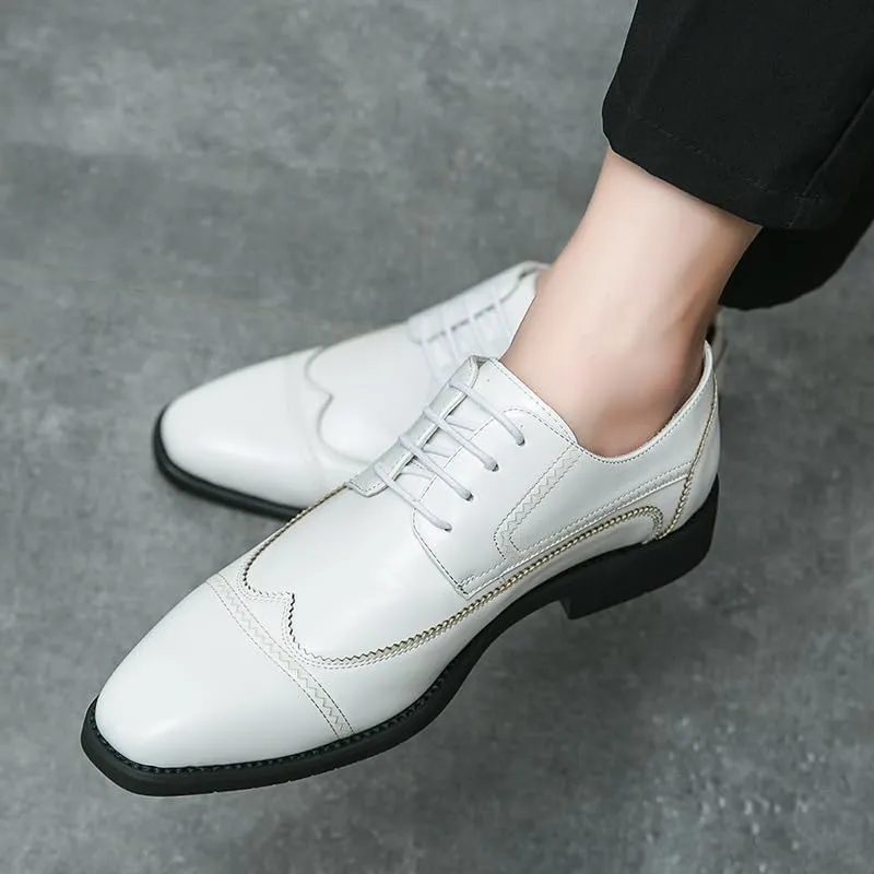 Formal Shoes for Men Lace Up Round Toe Faux Leather Cap Toe Wing tip Derby Shoes Anti-Slip Slip Resistant Block Heel Non Slip Prom(White,7)