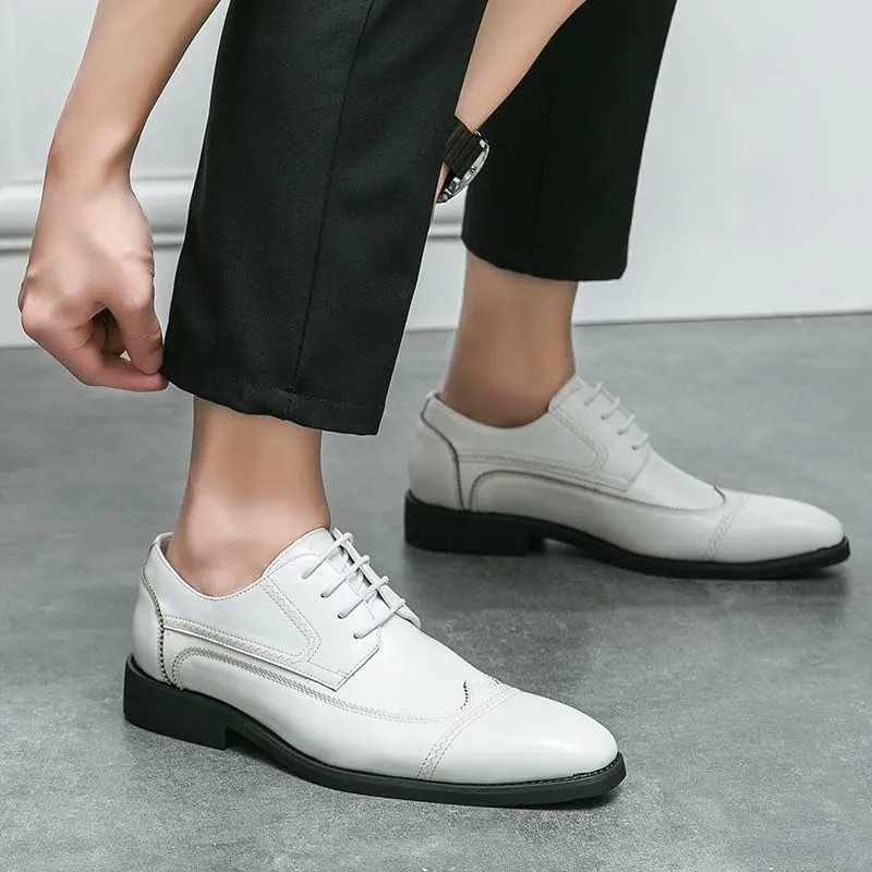 Formal Shoes for Men Lace Up Round Toe Faux Leather Cap Toe Wing tip Derby Shoes Anti-Slip Slip Resistant Block Heel Non Slip Prom(White,7)