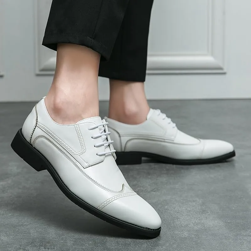 Formal Shoes for Men Lace Up Round Toe Faux Leather Cap Toe Wing tip Derby Shoes Anti-Slip Slip Resistant Block Heel Non Slip Prom(White,7)