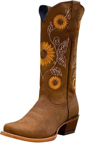 Gibobby Boots for Women Embroidered Boots Sunflower Printed Mid Calf Chunky Heel Boots Western Cowgirl Boots Cowboy Boots