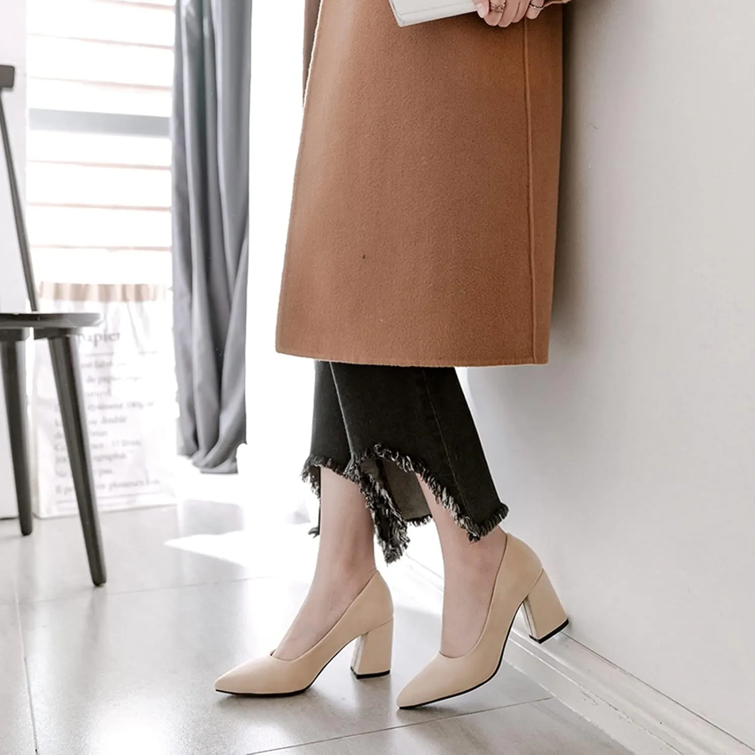 Gicoiz Office Work Formal Shoes Womens Pointed Toe Block Heel Pumps