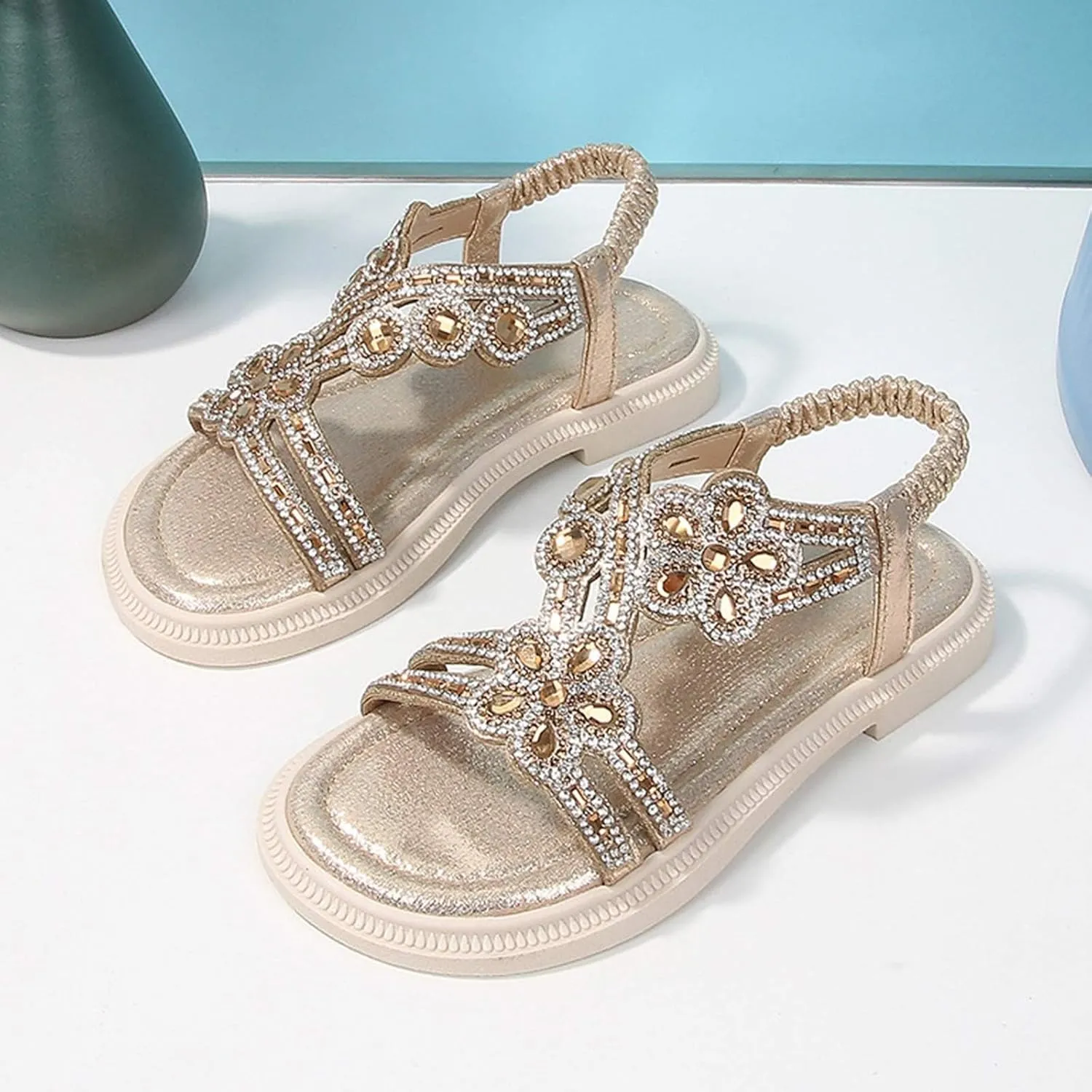 Girls Flower Sandal Girls Glitter Beach Shoes Shoes Flat Summer Glitter Boho Comfortable Sandals With Rhinestones