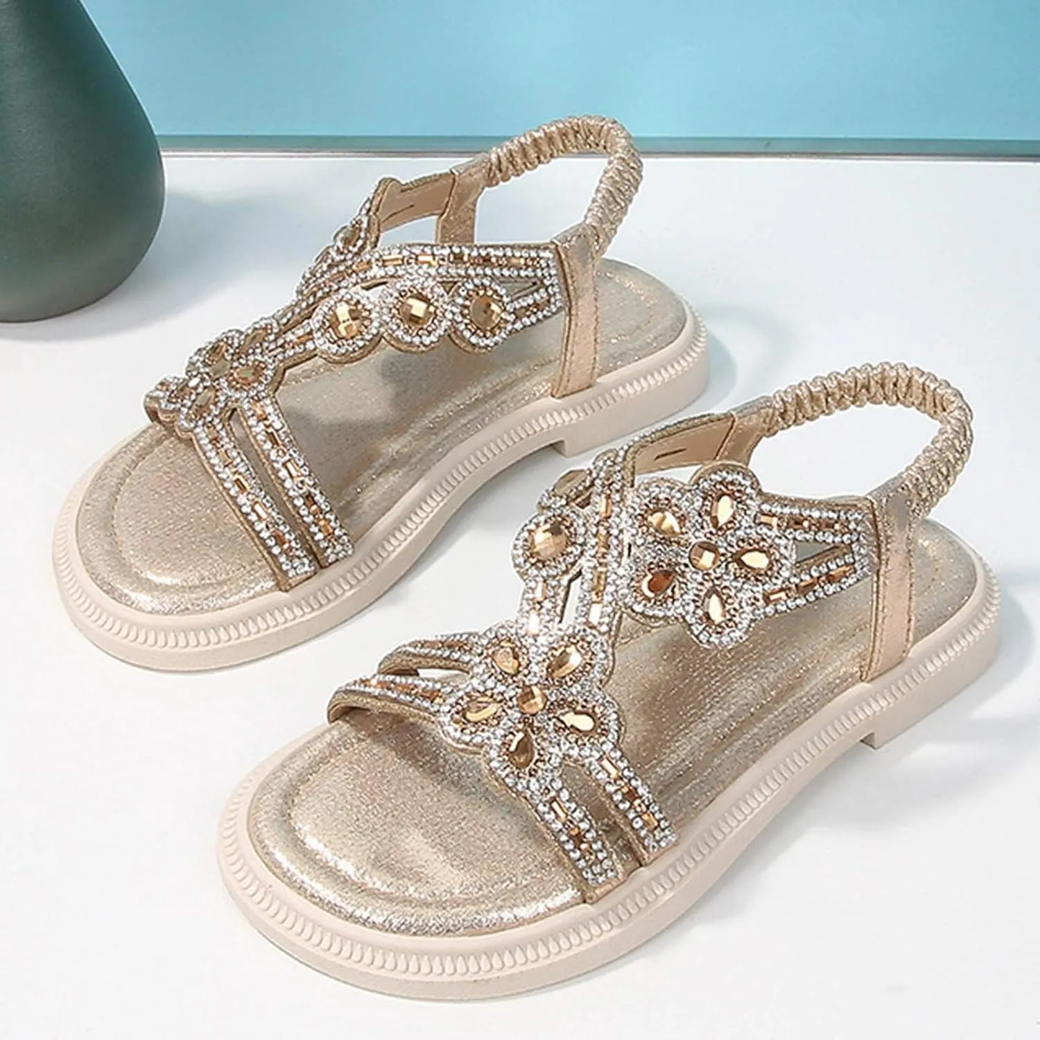 Girls Flower Sandal Girls Glitter Beach Shoes Shoes Flat Summer Glitter Boho Comfortable Sandals With Rhinestones