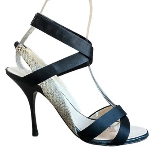 GIUSEPPE ZANOTTI Black Satin & Beige Python Leather Strappy  Sandals, Size 37.5