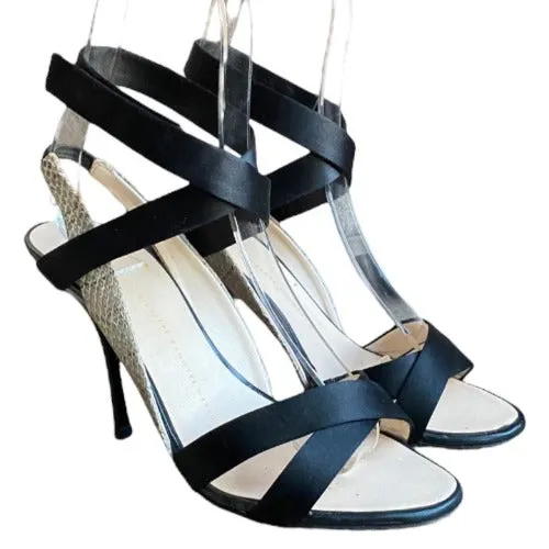 GIUSEPPE ZANOTTI Black Satin & Beige Python Leather Strappy  Sandals, Size 37.5
