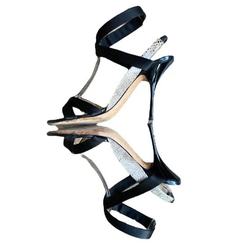 GIUSEPPE ZANOTTI Black Satin & Beige Python Leather Strappy  Sandals, Size 37.5