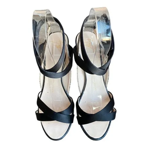 GIUSEPPE ZANOTTI Black Satin & Beige Python Leather Strappy  Sandals, Size 37.5