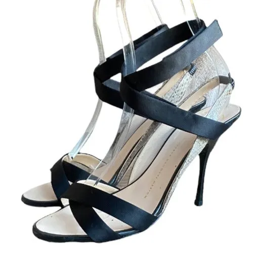 GIUSEPPE ZANOTTI Black Satin & Beige Python Leather Strappy  Sandals, Size 37.5