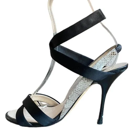 GIUSEPPE ZANOTTI Black Satin & Beige Python Leather Strappy  Sandals, Size 37.5