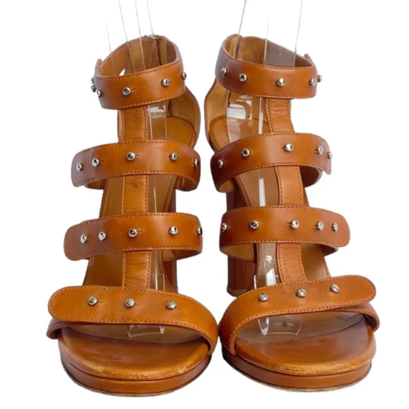 GUCCI Brown Leather, Studded, Strappy  Gladiator Heeled Sandals, Size 39.5