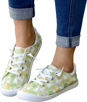 Gumipy Women's Lace-Up Loafers Valentine's Day Love Heart Print Fashion Sneaker Comfortable Lightweight Canvas Shoes Breathable Walking Shoes
