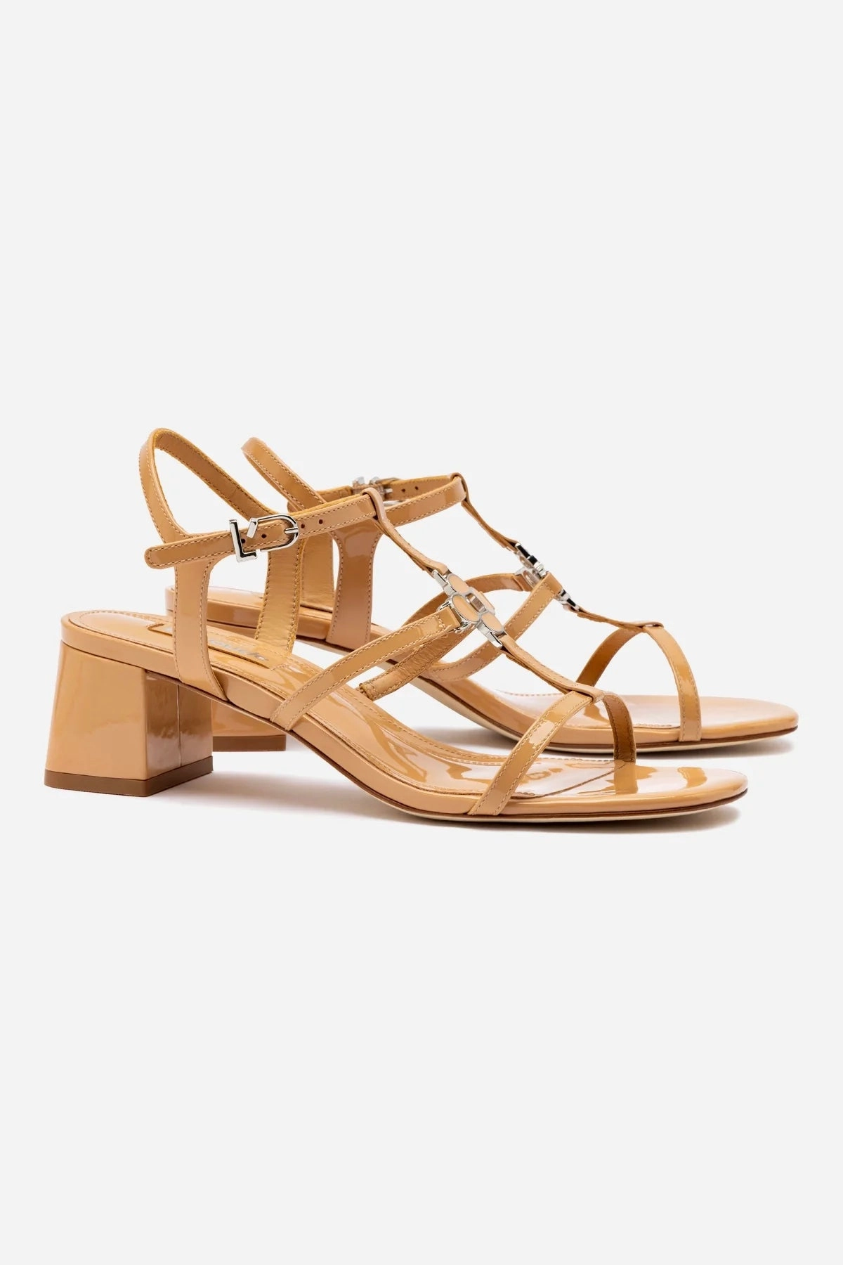 Hana Block In Tan Patent Leather Luxe Heels Comfy lining Sandal Repairs