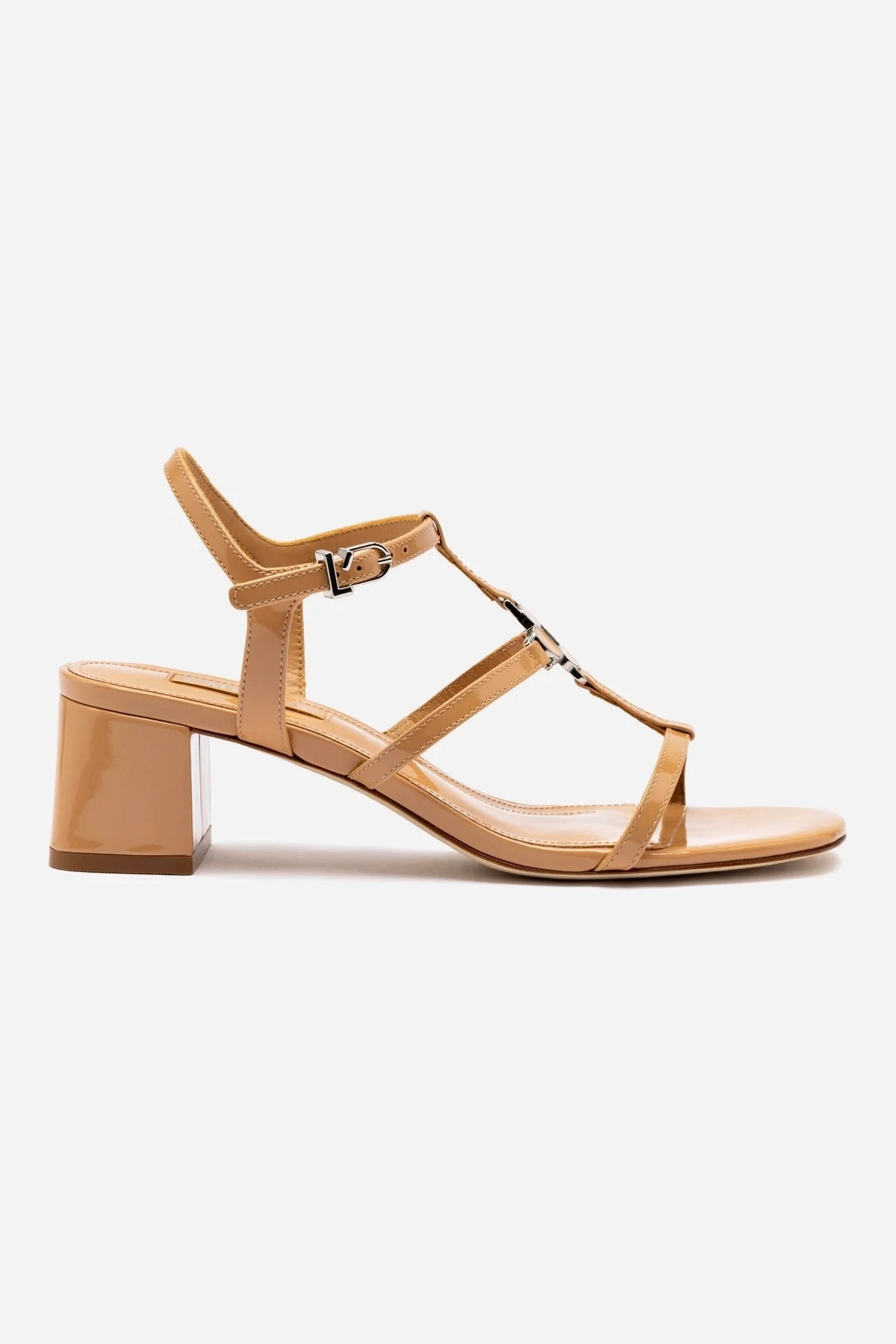 Hana Block In Tan Patent Leather Luxe Heels Recycled Fabric Webbing
