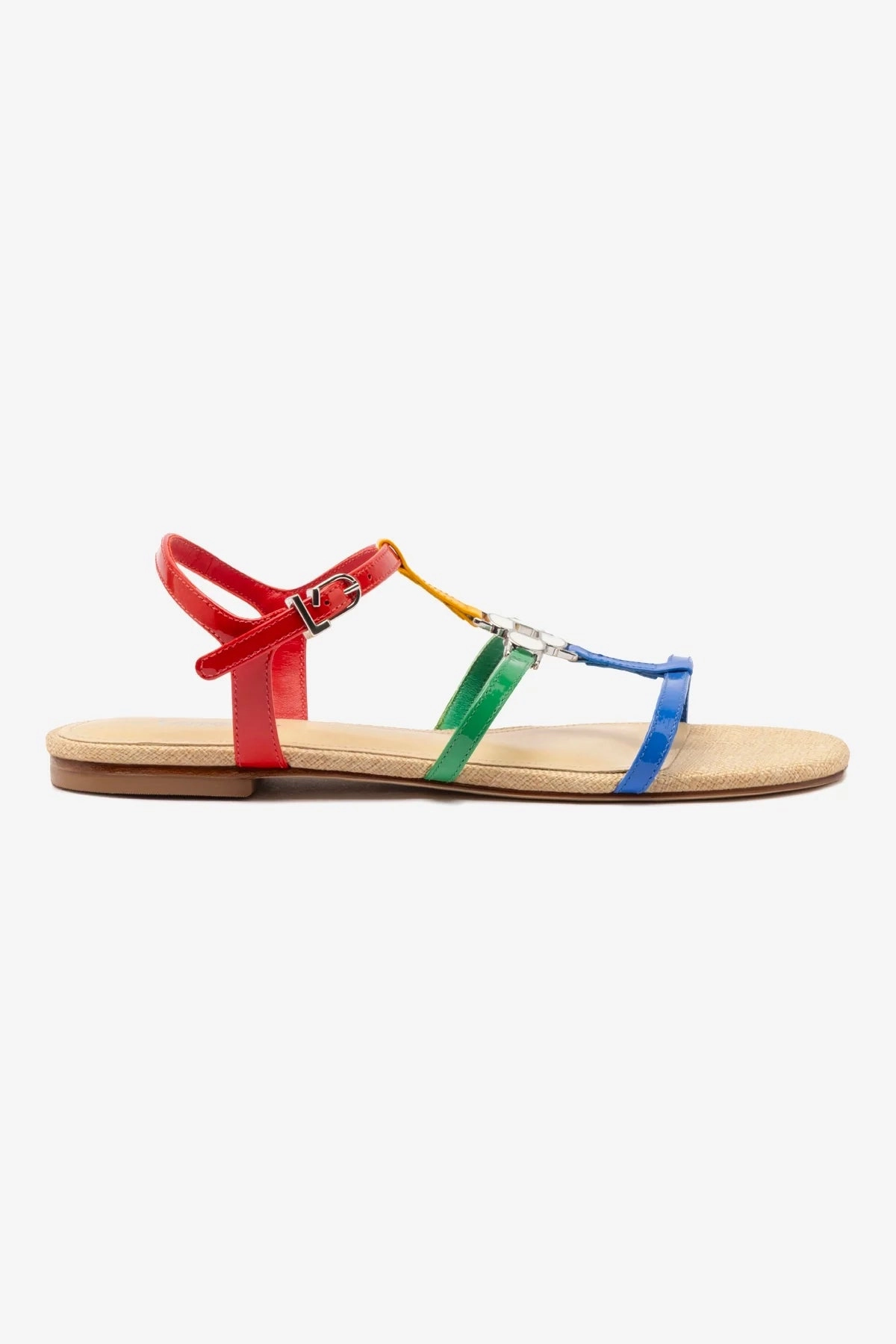 Look Hunt Hana Flat Sandal In Multicolor Patent Leather and Raffia