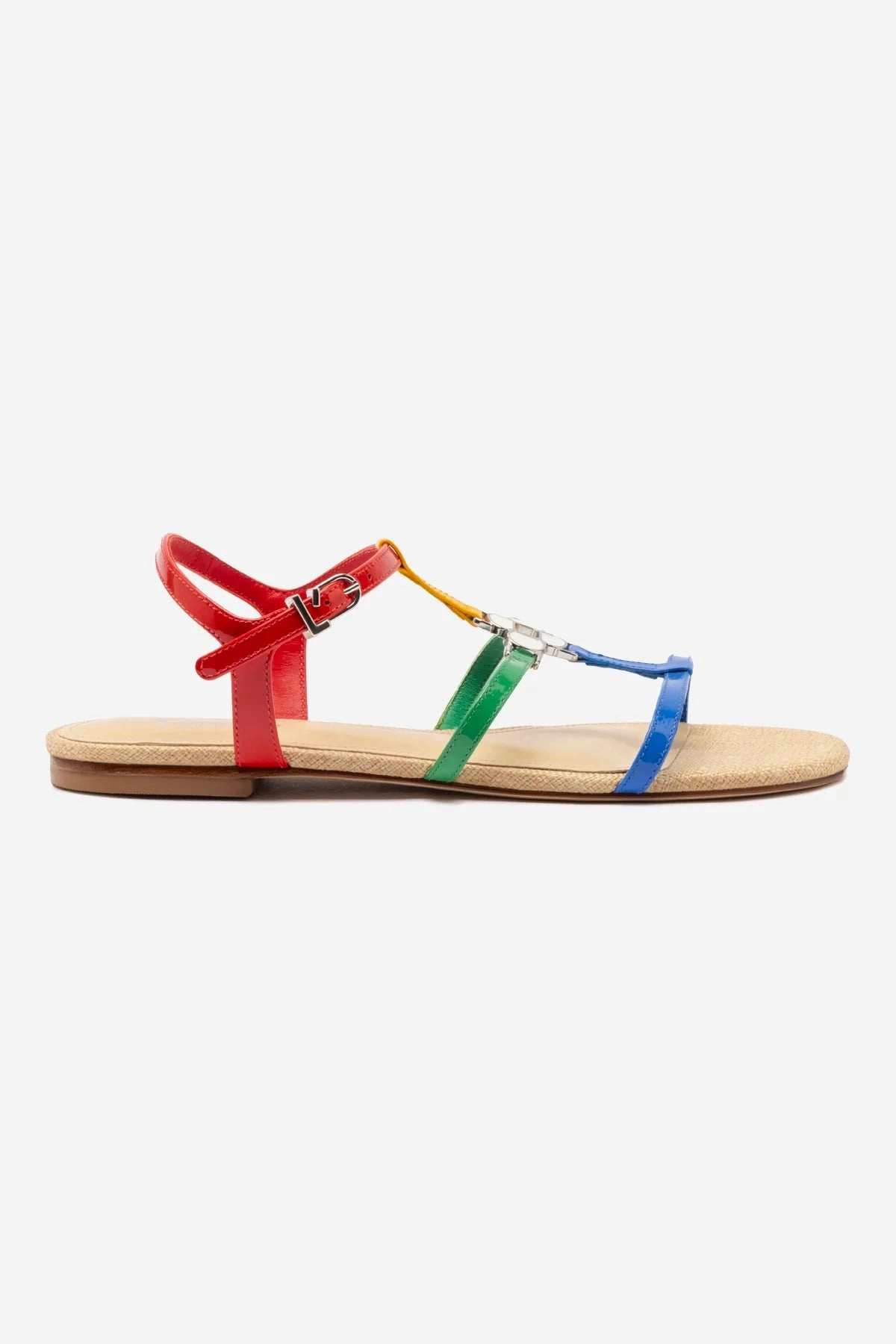 Patio Glow Kind Glow Hana Flat Sandal In Multicolor Patent Leather and Raffia