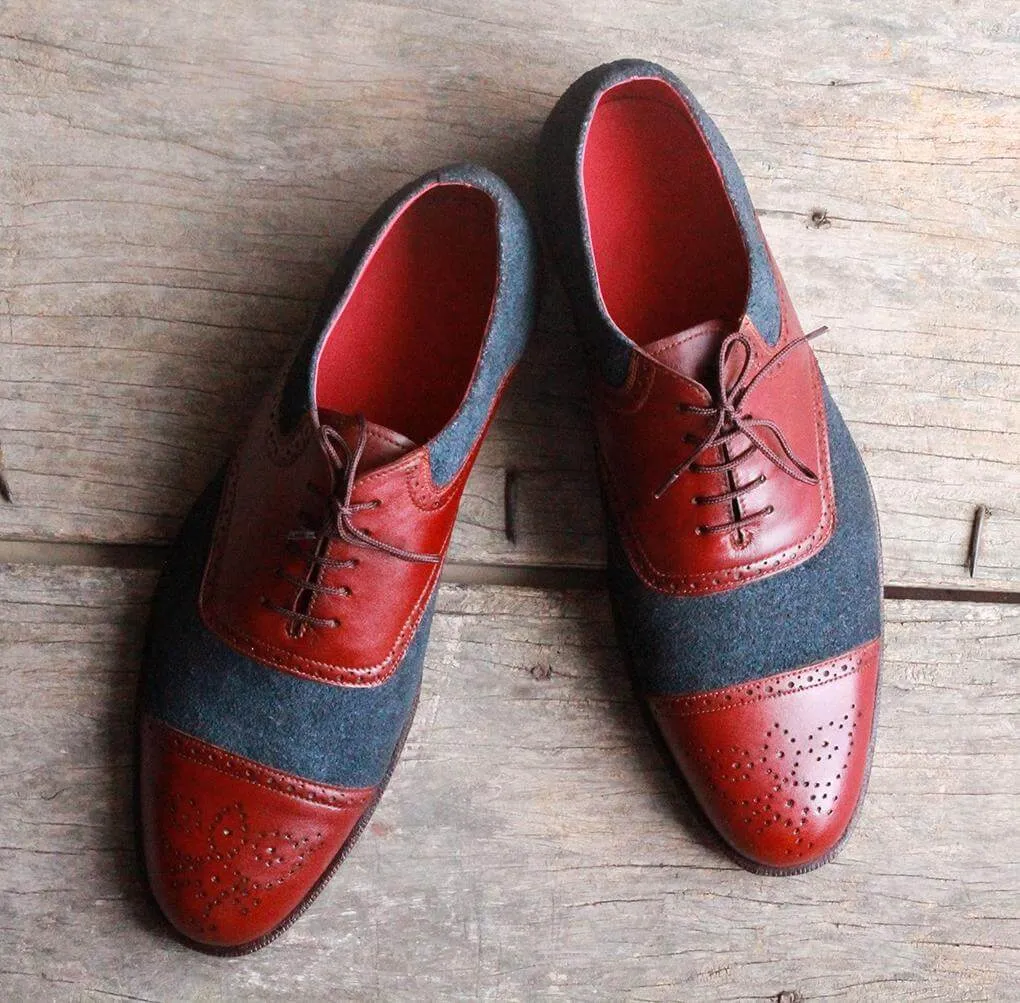 Handmade Men's Two Tone Burgundy Navy Blue Cap Toe Brogue Leather Suede Lace Up Shoes, Men Designer Dress Formal Luxury Shoes