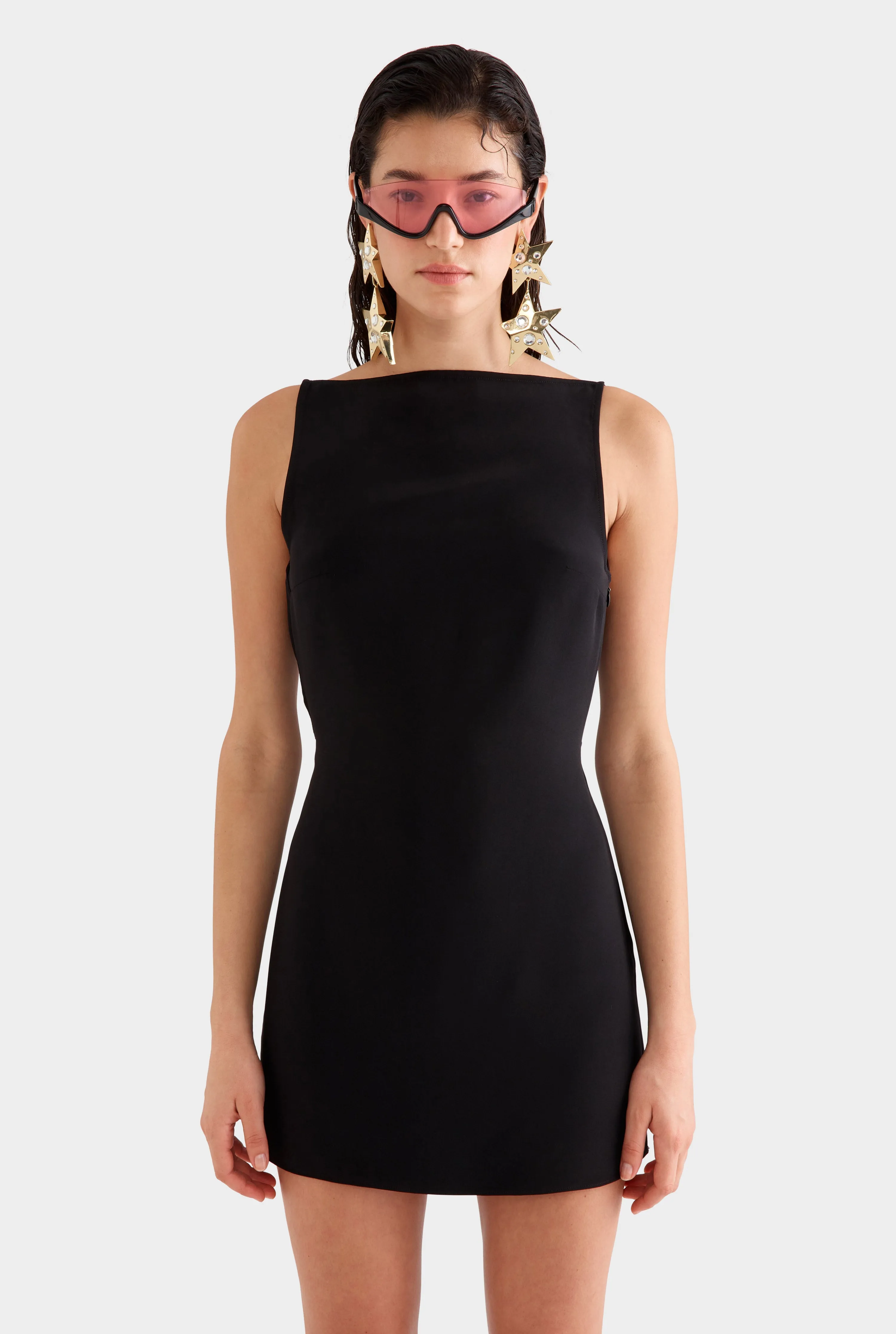High Neck Cowl Back Dress -  Black