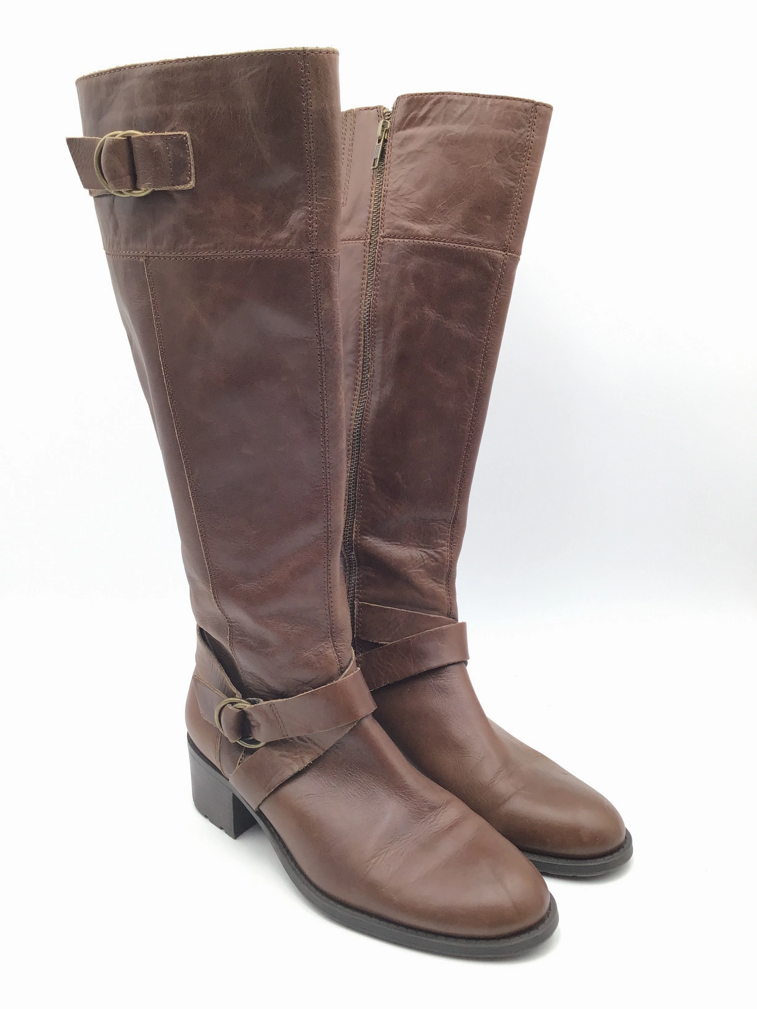 Modern Utility Roll Bar Stabilizer Boots Knee Heels By Dkny City In Brown, Size: 9.5