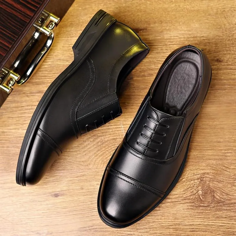 HOOENG Oxford Formal Shoes for Men Slip On Round Toe PU Leather Cap Toe Oxford Shoes Low Top Slip Resistant Block Heel Anti-Slip Rubber Sole Outdoor