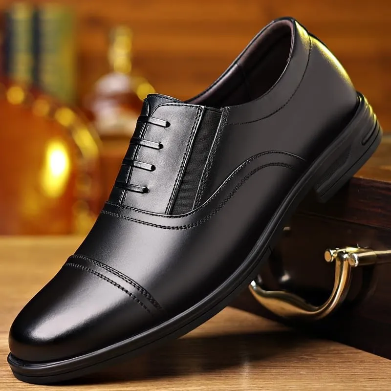 HOOENG Oxford Formal Shoes for Men Slip On Round Toe PU Leather Cap Toe Oxford Shoes Low Top Slip Resistant Block Heel Anti-Slip Rubber Sole Outdoor
