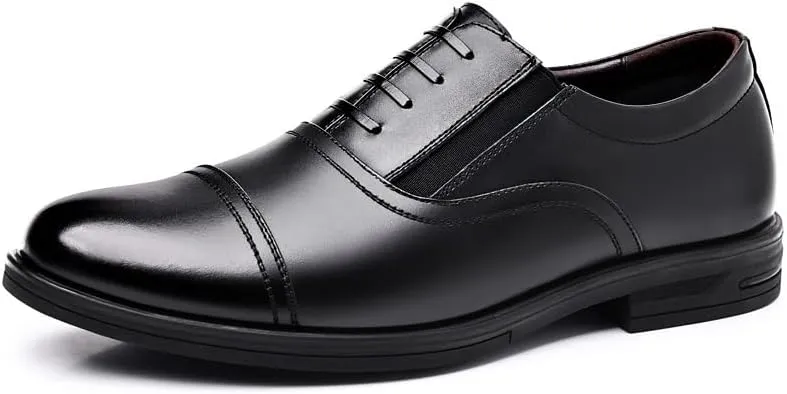 HOOENG Oxford Formal Shoes for Men Slip On Round Toe PU Leather Cap Toe Oxford Shoes Low Top Slip Resistant Block Heel Anti-Slip Rubber Sole Outdoor
