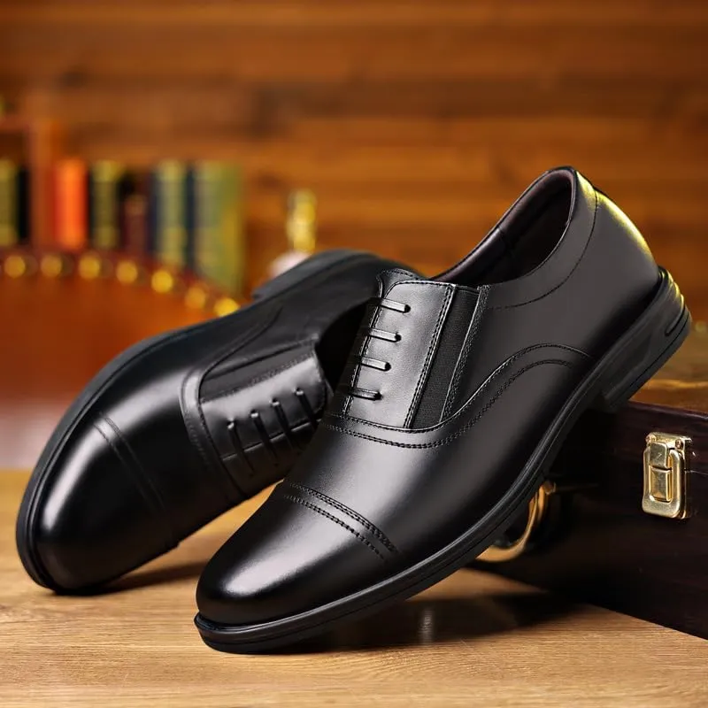HOOENG Oxford Formal Shoes for Men Slip On Round Toe PU Leather Cap Toe Oxford Shoes Low Top Slip Resistant Block Heel Anti-Slip Rubber Sole Outdoor