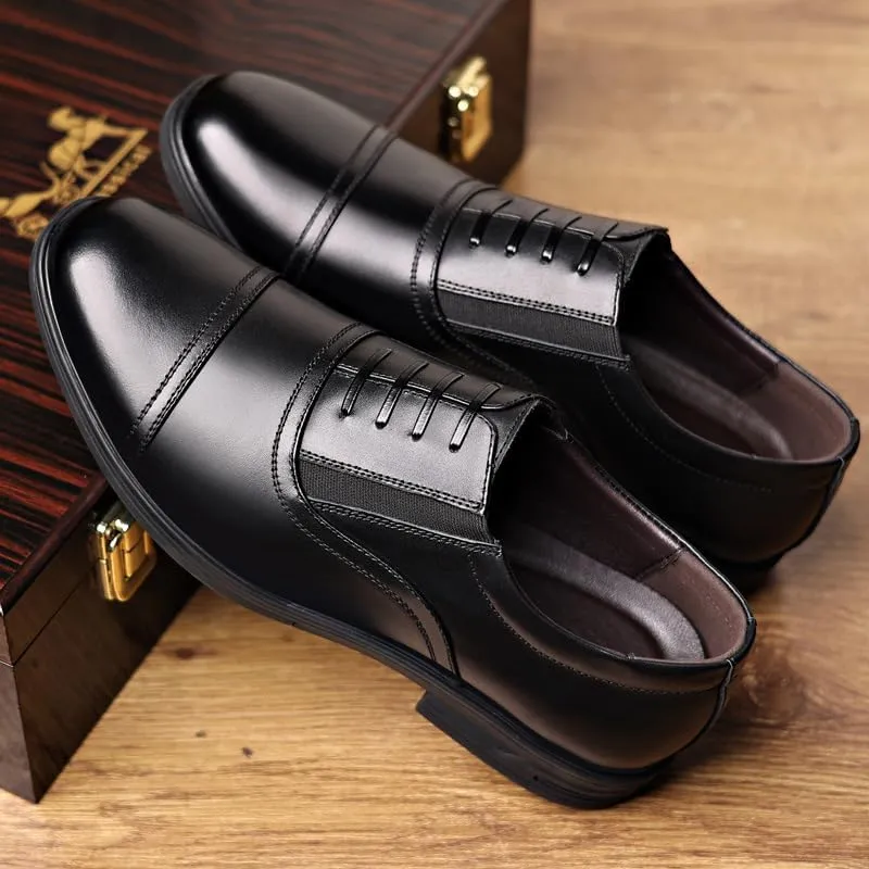 HOOENG Oxford Formal Shoes for Men Slip On Round Toe PU Leather Cap Toe Oxford Shoes Low Top Slip Resistant Block Heel Anti-Slip Rubber Sole Outdoor