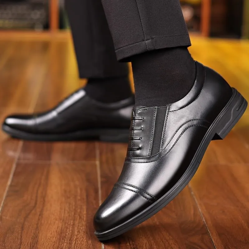 HOOENG Oxford Formal Shoes for Men Slip On Round Toe PU Leather Cap Toe Oxford Shoes Low Top Slip Resistant Block Heel Anti-Slip Rubber Sole Outdoor
