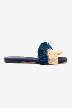 Cozy Flats Comfort Lining Ivy Fringe Flat In Navy Raffia