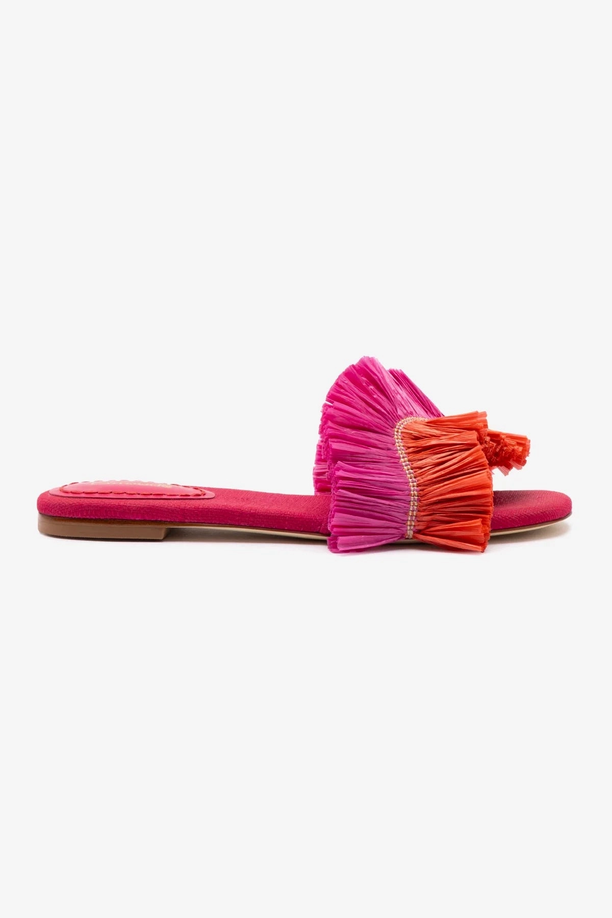 Neutral Base Ivy Fringe Flat In Pink and Orange Raffia