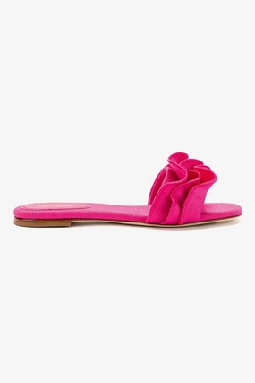Ivy Ruffle Flat Mule In Pink Raffia Pack Easy