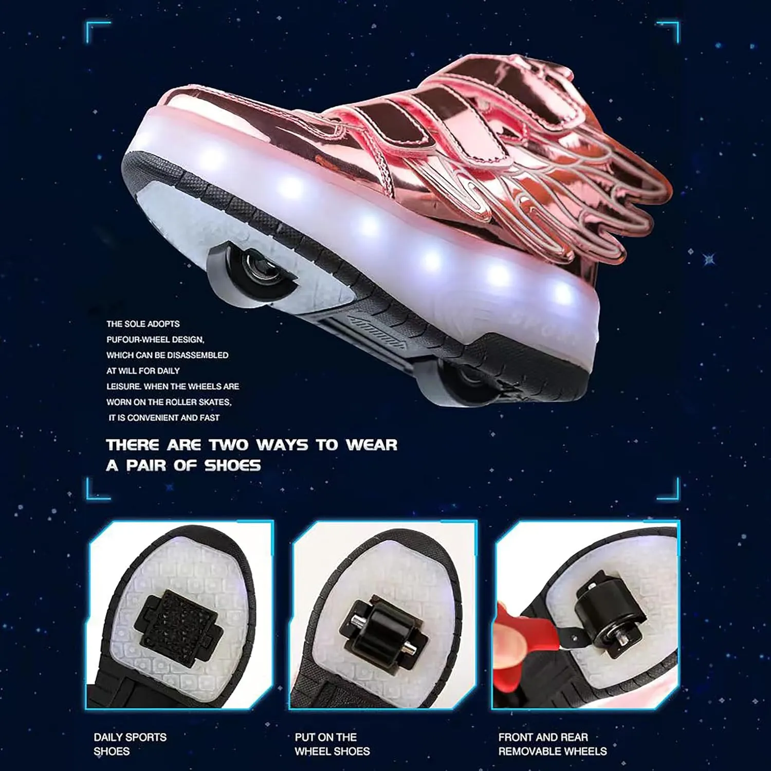 Kids LED Light Up Roller Skate Shoes with Wings Boys Girls USB Chargable Dancing Sneakers for Halloween Christmas Party Pink 30