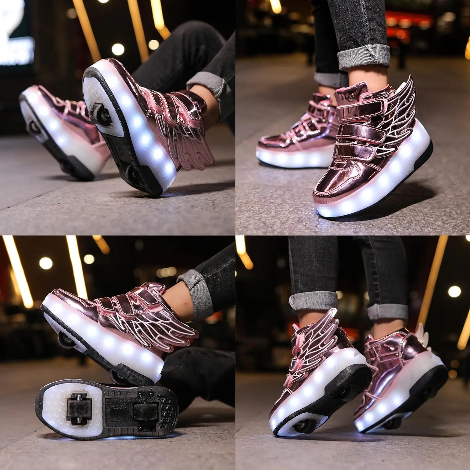 Kids LED Light Up Roller Skate Shoes with Wings Boys Girls USB Chargable Dancing Sneakers for Halloween Christmas Party Pink 30