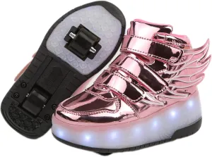 Kids LED Light Up Roller Skate Shoes with Wings Boys Girls USB Chargable Dancing Sneakers for Halloween Christmas Party Pink 30
