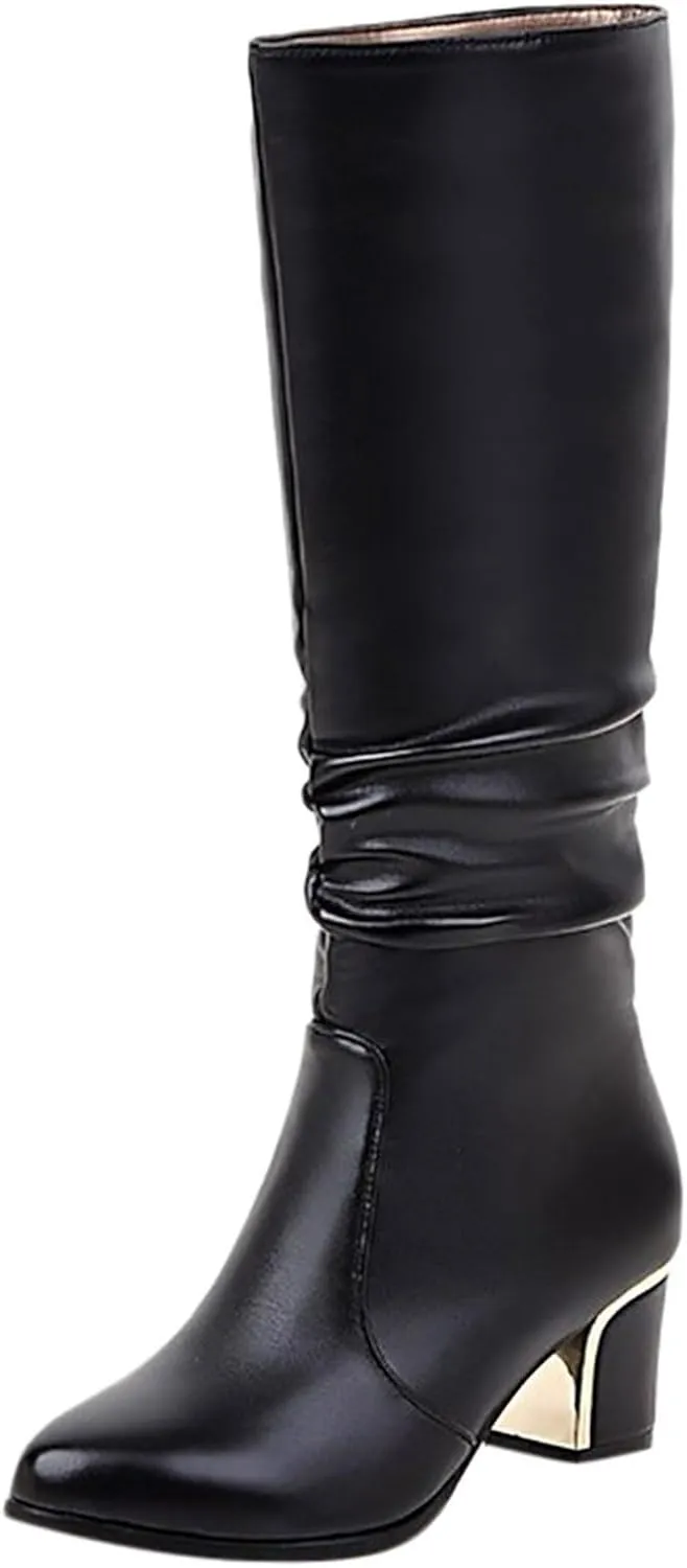 Knee High Boots Women Women's Fashionable Long Tube Shiny Pointed Toe Thick Heel Zipper Fashion Solid Color Boots